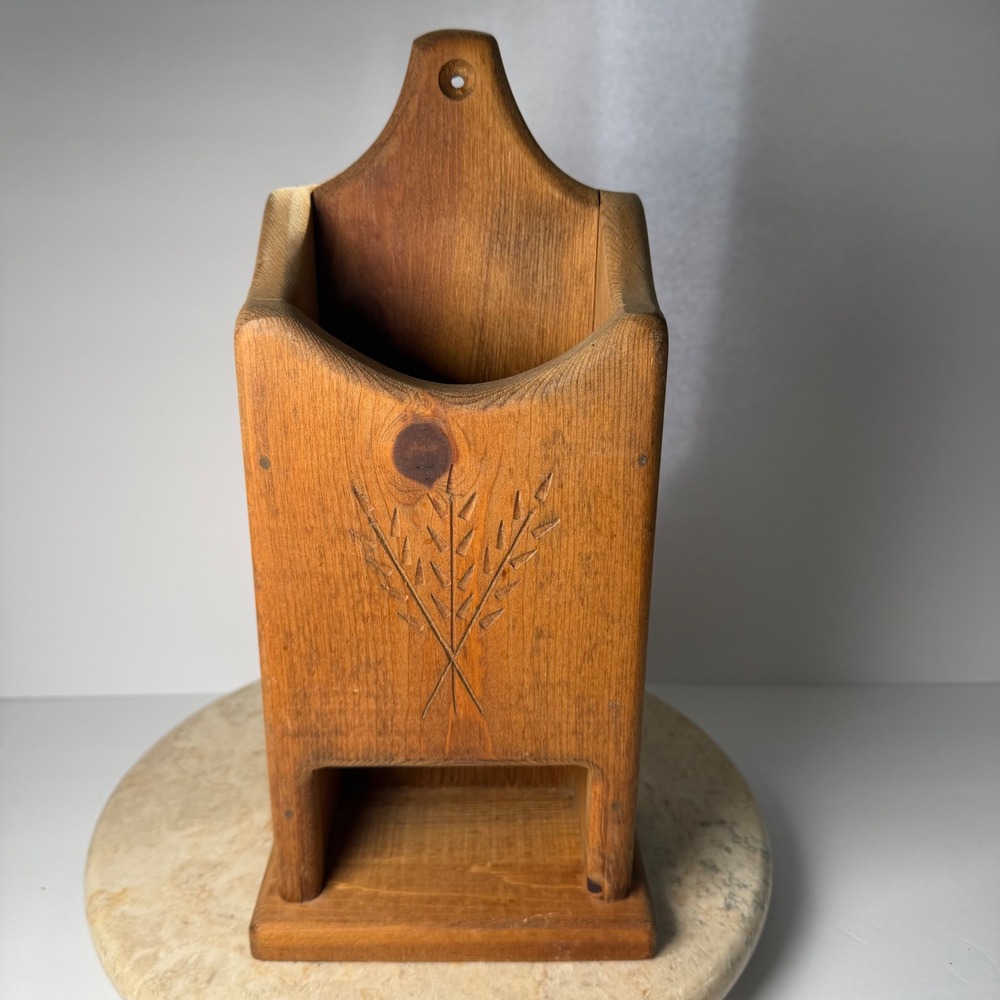 Vintage Wooden Wheat Carved Wall Mount Match Box Holder Brown Farmhouse